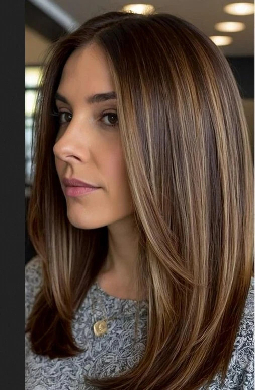 Dark Brown with Highlights Straight Human Hair Lace Front Wi