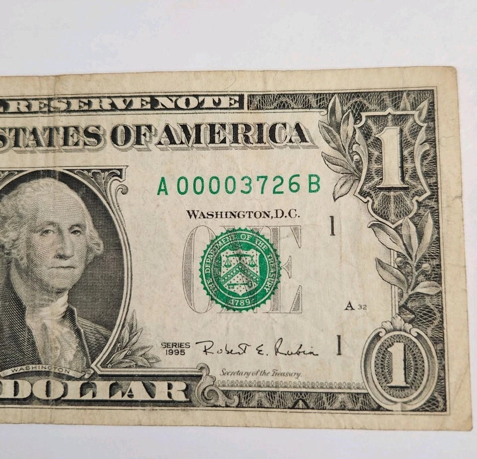 1995 Un dólar bajo número de serie 4 ceros en fila circulado Foto 3 de 4