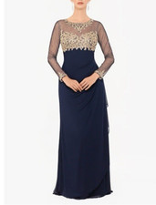 XScape 10P Formal Dress Gown Noah Illusion Long Sleeve Navy Gold Embroidered NWT