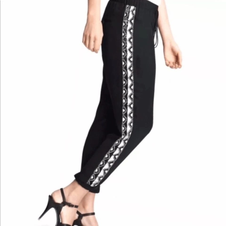"Pantalón Jogger Haute Hippie Boho 100% Seda Negro Con Cuentas Cordón 26"" Tobillo M"