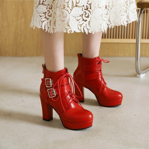 Women's Punk Ankle Boots Round Toe Block High Heel Buckle Platform Shoes 44-48 D - Picture 8 of 17