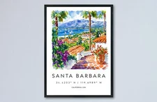 Santa Barbara Watercolor Poster Santa Barbara Travel Print Wall Art California