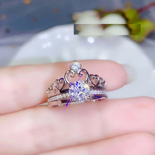 Bridal Set Crown Engage Ring Guard 3ct Round Lab-Created Moissanite Gold Plated