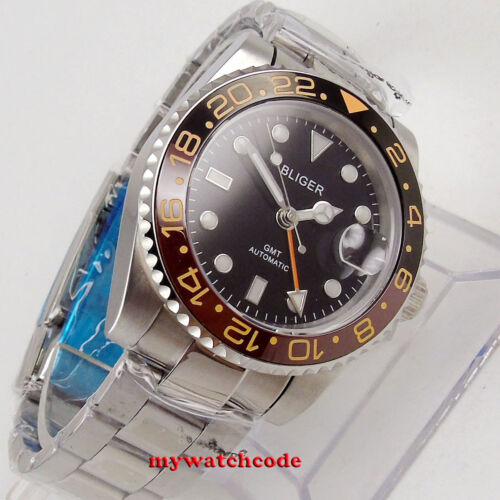 40mm BLIGER black dial Ceramic Bezel GMT sapphire glass automatic mens watch 147 - Afbeelding 1 van 6