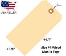 100 Pack 4 1/4" x 2 1/8" Size 4 Manila Inventory Pre Wired Hang Tags with Wire