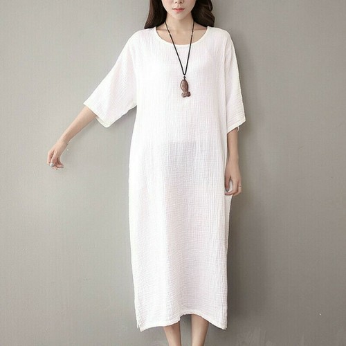Maxi Abito Lungo Donna In Cotone Vintage - Manica 3/4 - Taglie S - 5XL