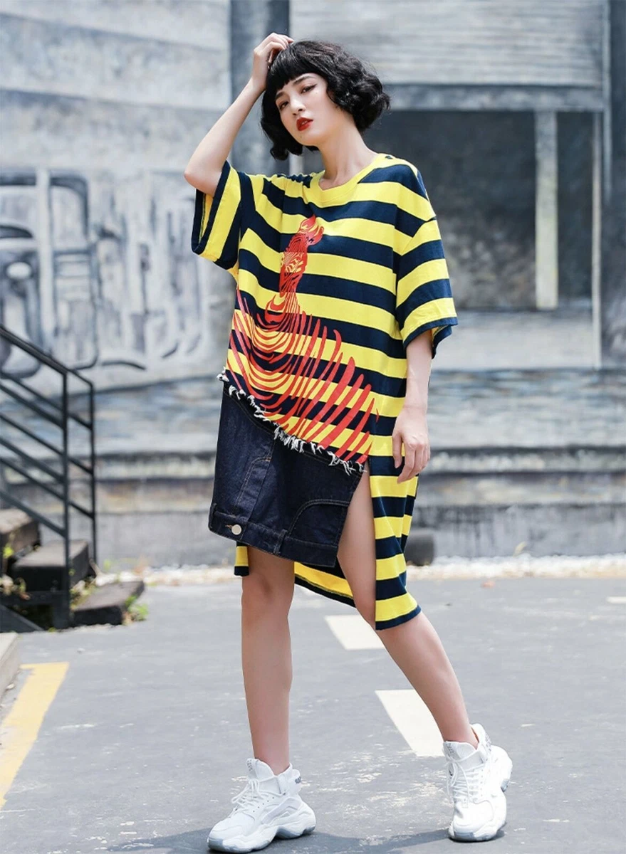 Niepce Women s Zebra Stripes Long Tee Denim Urban Asian Streetwear Dress Top