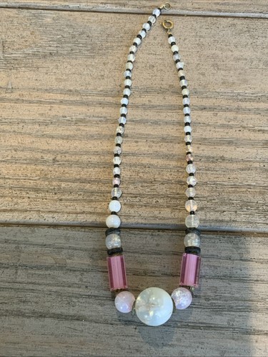 Vtg Czech Pink Atlas Glass White Foiled Glass Black Washer Graduated Necklace - Picture 21 of 21