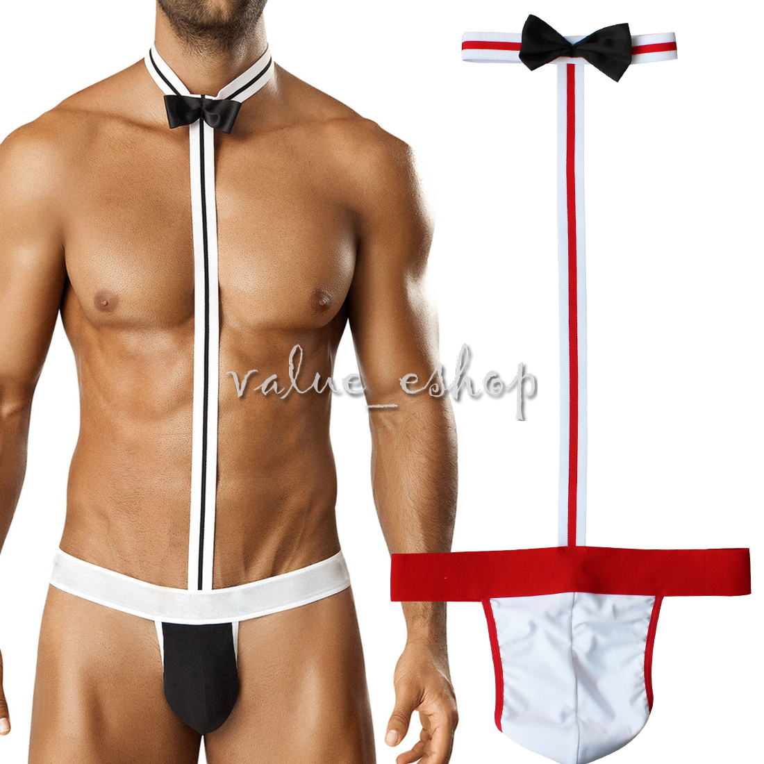 Men Sexy Collared 1pc Bodysuit Mankini Thong Underwear Waiter