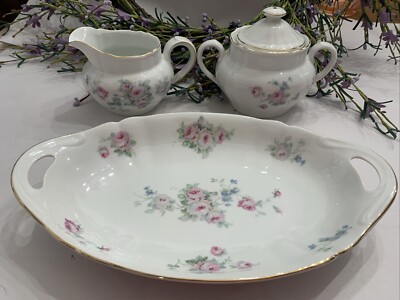 Vtg Germany Kahla 4 Piece Set Tray Creamer Sugar Bowl W/ Lid Pink Rose Cottage