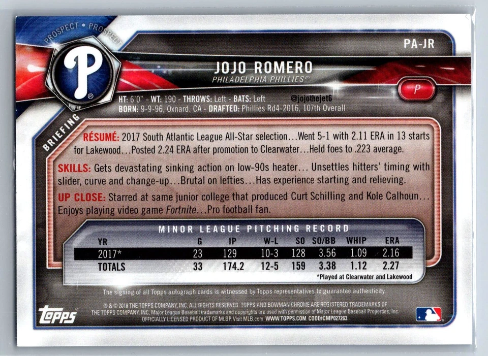 2018 Bowman Jojo Romero 1st Bowman Rookie Auto Blue Parallel #/150 RC - Image 2 of 2