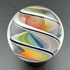 Contemporary Handmade Art Glass Marble .94" Rainbow Cane Twist  White Black MIB