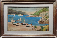 Dipinto doppio olio su tela/tavola – Marina con barche – Monogramma TL 1963 –
