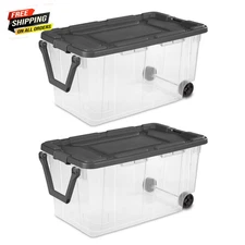 2 PCs 160 Quart Wheeled Stacker, Extra Large Durable Clear Bin,Pull Handle, Gray