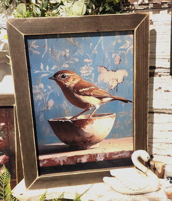 17'' Bird Print~Brown Sparrow Rustic Wood Frame Vintage Bowl Weathered Wallpaper 
