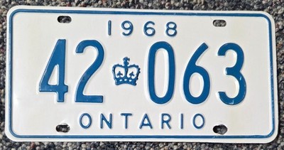 1968 ONTARIO ON LICENSE PLATE TAG #  42 063 , Vintage; Canada