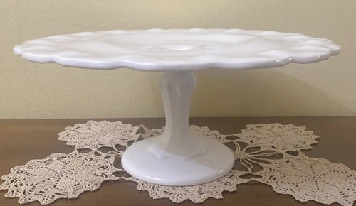 Vtg. Indiana White Milk Glass Pedestal Cake Stand Plate TEARDROP Scalloped Edge