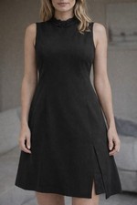 Vintage BB Collections Cocktail Dress Black Open Back Lace Top Slit Sz 14 Button