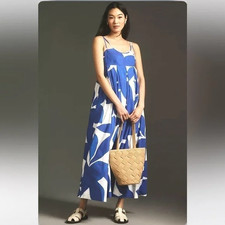 Anthropologie Dress Size M Petite MP Blue White Maxi Smocked Babydoll Sundress