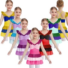 Kids Girls Dancewear Class Dress Ruffled Costume Leotard Dance Front Tiered