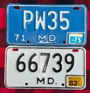 Vintage Lot/2 1970βs & 1980βs Maryland Motorcycle License Plates #PW35 & #66739