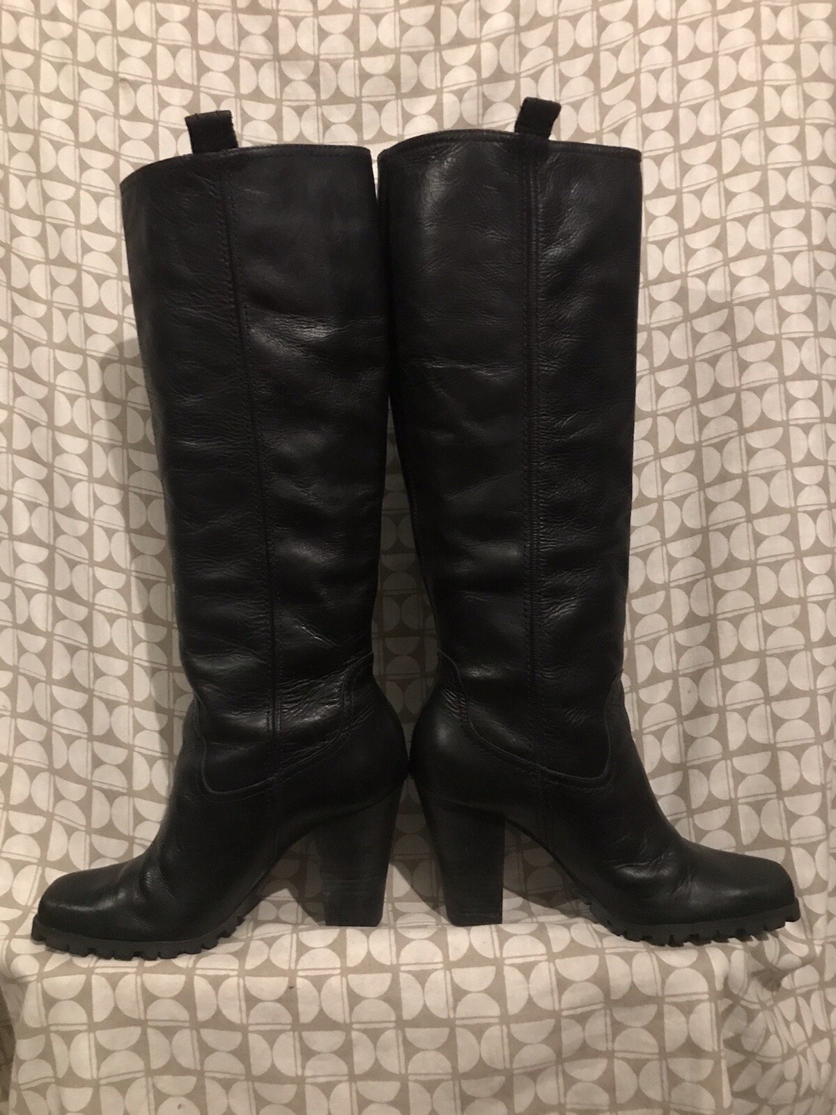 DESIGNER BRONX TALL BLACK LEATHER PULL ON BLOCK HIGH HEEL COWBOY BOOTS