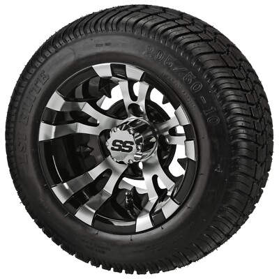 (4) Golf Cart 205/50-10 Low Profile Tires on 10x7 Black/Machined Vampire Wheels