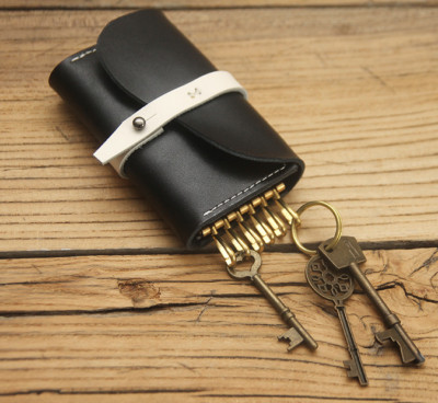 man women card wallet purse key case Ring holder cow Leather pouch bag black 612