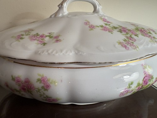 Vintage L S & S Carlsbad Austria Covered Vegetable Dish Pink,Green Leaves & Gold - Picture 10 of 18