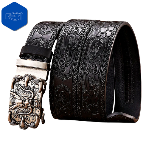 Mens Dragon Automatic Buckle Vintage Embossed Genuine Leather Luxury Waist Belt - Picture 4 of 13
