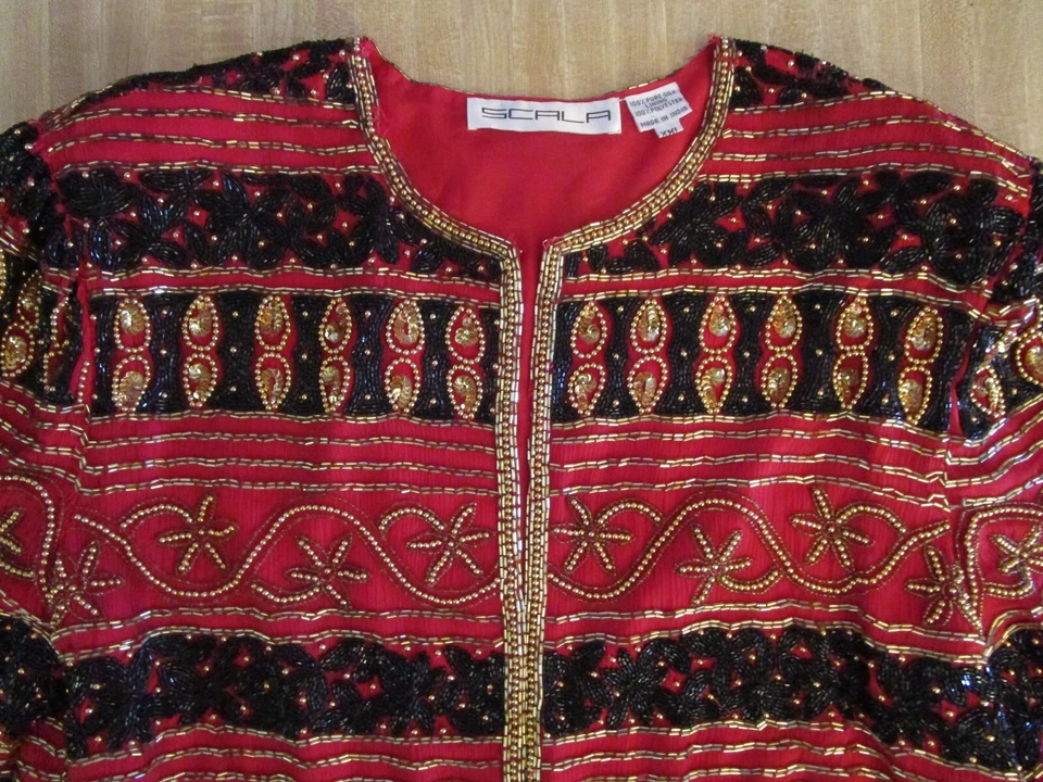 Chaqueta formal de noche Scala vintage de seda con cuentas India roja negra dorada XXL para mujer Foto 3 de 4