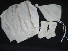 Vintage Handmade Ivory Knit Infant Sweater Hat Booties