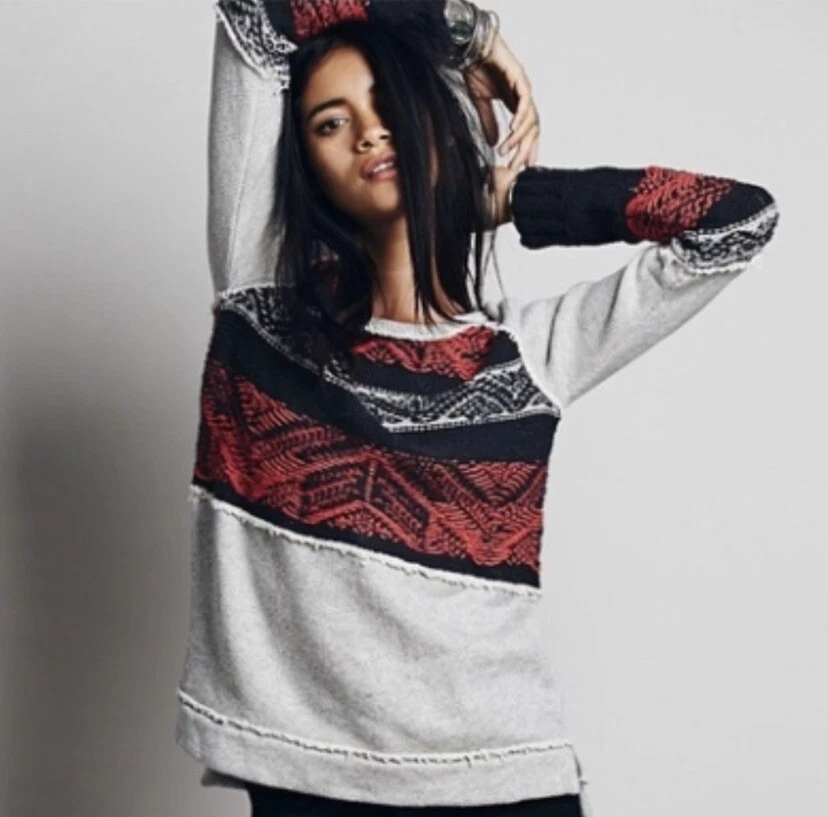 Free People Snow Angel Pullover Boho Aztec Sweater Navy Red Size XS | eBay