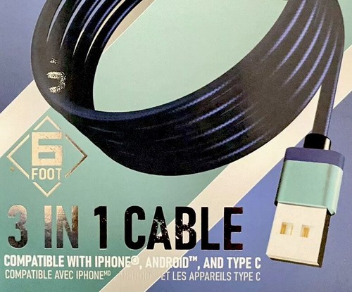 🔌USB 6ft Braided 3-in-1 Cable For iPhone Android & Type C By Tekniq A4 - Picture 3 of 8