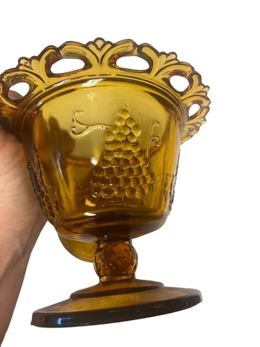 Vintage Ambra Carnevale Vetro Raccolta Uva Con Coperchio Composta Indiana Bordo Pizzo - Foto 7 di 8