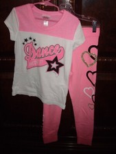 T5 Girls Size 7 Justice 2pc DANCE Outfit Top Sweatpants Hot Pink