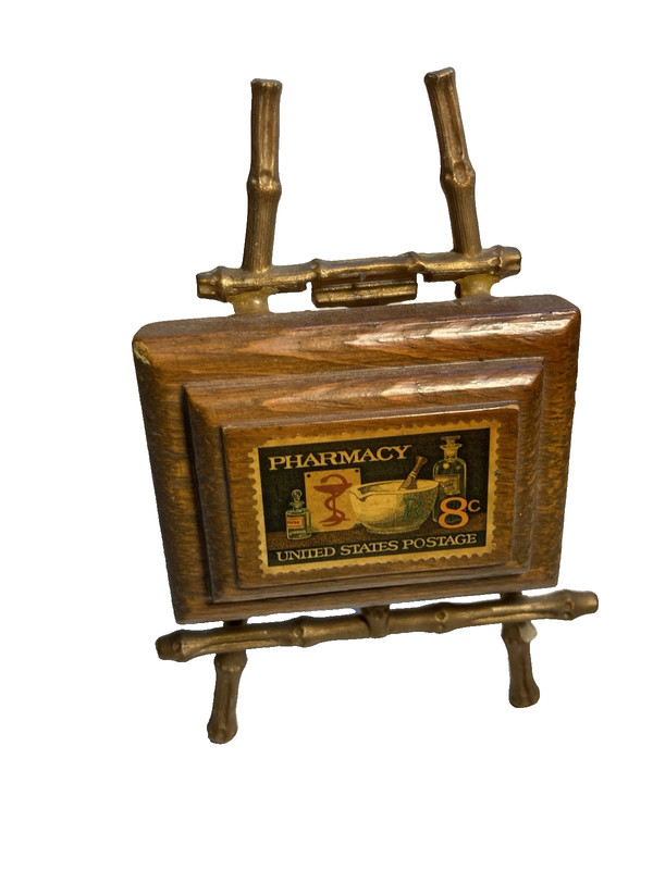 Handmade Framed 8 Cent U.S. Postage Stamp Pharmacy 1972 on miniature easel