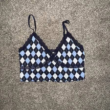 H&M Divided Women’s Argyle Lace Trim Crop Top Size L P2P 16 L12+