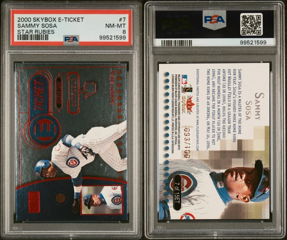 SAMMY SOSA 2000 Skybox E-Ticket Star Rubies 093/100 PSA 8 (Pop 3: 0 superior) Foto 3 de 3
