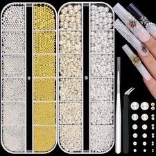 2 Boxes Flatback Pearls (White+Beige) And Metal 01 2 Boxes Nail Art Decos Set 1