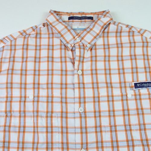 Columbia Shirt Men XL PFG Omni Shade Super Tamiami Fishing Blue Orange Button Up - Picture 2 of 11