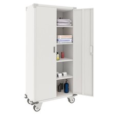AOBABO 72 Locking Metal Garage Office Storage Cabinet w/Wheels, White Open Box