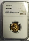 1955-S LINCOLN WHEAT CENT ~ NGC MS 66 RD ~BEAUTIFUL COIN~