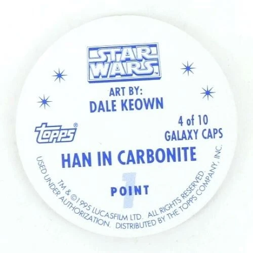星球大战 Han in Carbonite 4/10 Galaxy 帽子 1995 年 Topps Milk Caps Pog — 第 2/2 张图片