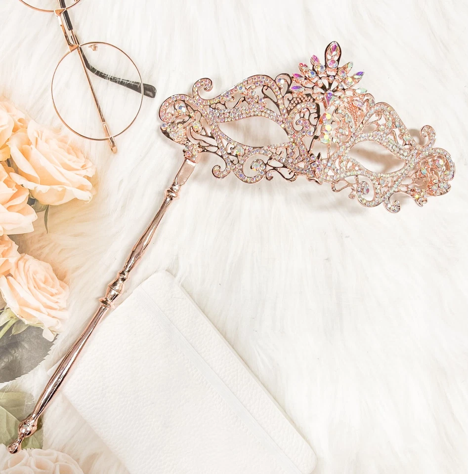 Masquerade Mask with Stick, Luxury Crystal Mask, Rhinestone Rose Gold Mask - Image 2 of 4