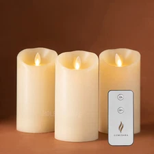 Luminara Flameless Unscented Wax Candles with Remote Moving Wick Pillar 3x5.5