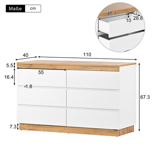 Kommode Sideboard mit 6 Schubladen 110cm weiß Anrichte holz Schubladenschrank - Bild 7 von 13
