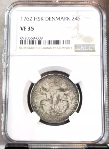 1762 DENMARK SILVER 24 SKILLING FREDERIK V NGC VF 35 EXTREMELY RARE GREAT COIN