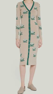 $525 Rhode Women's Beige Avery Floral Knit Midi Button-Front Dress Size Small