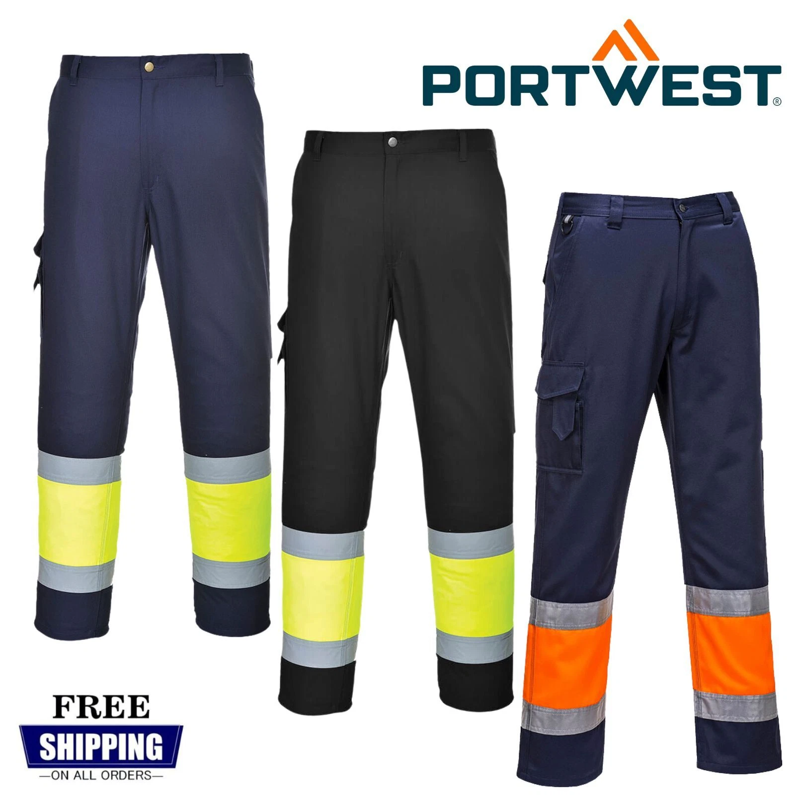 Portwest Hi Vis Class 1 Cargo Combat Trousers Mens High Visibility Workwear E049